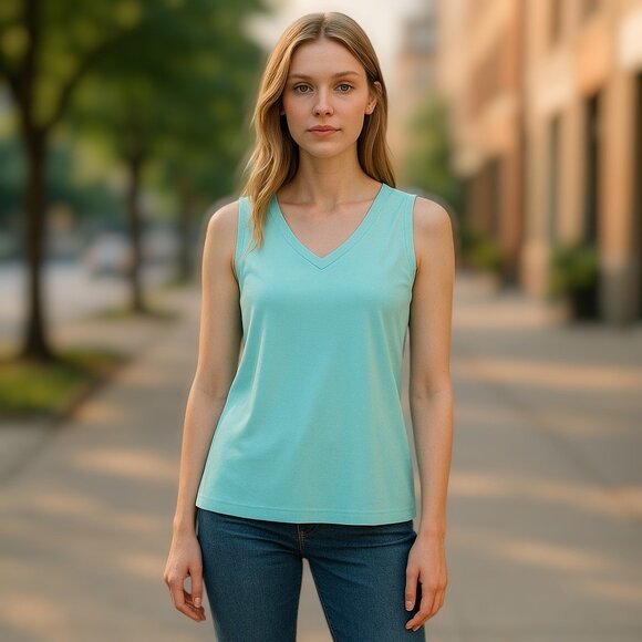 3 for/ $30 CLEO V Neck Sleeveless Fitted Tank Top Turquoise Tiffany Blue Size XS - Picture 1 of 6